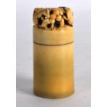 A GOOD 18TH CENTURY CHINESE CARVED IVORY SEAL of cylindrical form, the finial formed with