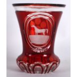 AN EARLY 20TH CENTURY BOHEMIAN RUBY GLASS BEAKER engraved with a central portrait of a horse. 4.