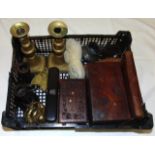 A BOX CONTAINING WOODEN BOXES, together with brass articles etc.