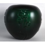 A LOVELY ART DECO GREEN GLASS BULBOUS VASE by Kosta C1935, decorated with stylised floral vines. 7.