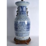 A LATE 19TH CENTURY CHINESE TWIN HANDLED BLUE AND WHITE VASE converted to a lamp, painted with