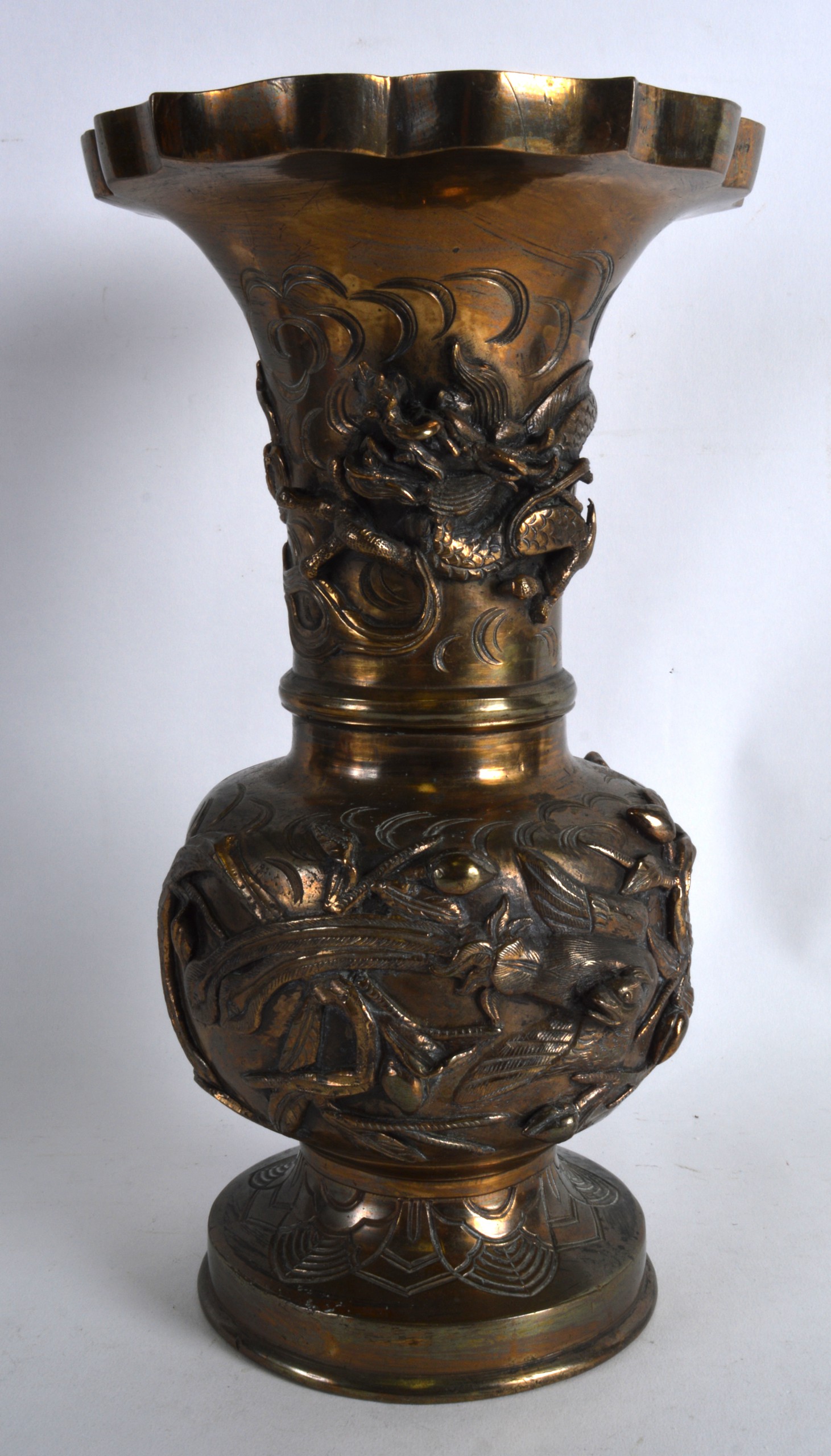 A LATE 19TH CENTURY CHINESE BRONZE VASE bearing Xuande marks to base, decorated with birds and - Image 2 of 3
