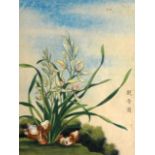 AN EARLY 20TH CENTURY CHINESE FRAMED WATERCOLOUR decorated with sprouting foliage. Signed. 8.25ins x