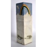 AN UNUSUAL STUDIO POTTERY SQUARE FORM BRUSH POT decorated with a rainbow and landscape. Signed. 9.