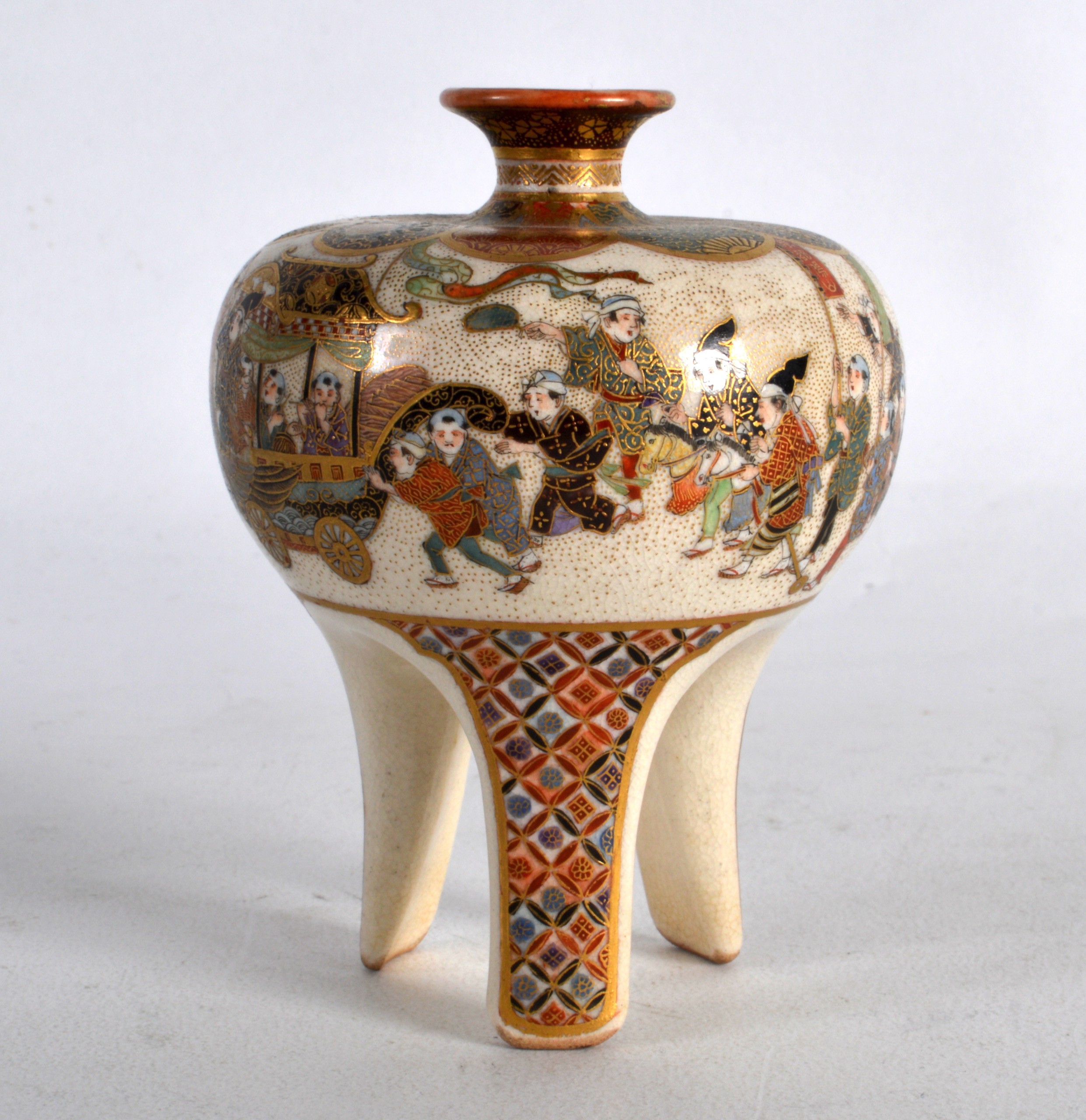 A GOOD SMALL LATE 19TH CENTURY JAPANESE MEIJI PERIOD SATSUMA VASE of bulbous form, upon slender legs
