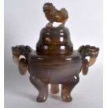 AN EARLY 20TH CENTURY CHINESE CARVED AGATE KORO AND COVER with buddhistic lion finial and mask