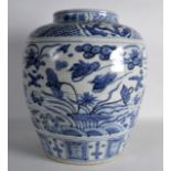 A LARGE CHINESE BLUE AND WHITE BALUSTER JARLET possibly Ming, painted with ducks amongst reeds,