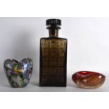 A STYLISH WHITEFRIARS DECANTER AND STOPPER together with two pieces of art glass. (3)