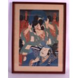 A 19TH CENTURY JAPANESE MEIJI PERIOD FRAMED WOODBLOCK PRINT depicting two males within a