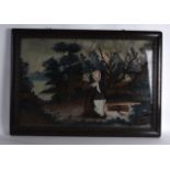 A LARGE 19TH CENTURY CHINESE FRAMED REVERSE PAINTED MIRROR depicting a boy resting upon a stump