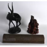 AN EARLY 20TH CENTURY CHINESE CARVED HARDWOOD FIGURE OF A MALE together with a scroll & a