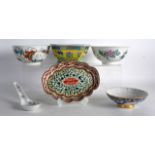 A CHINESE FAMILLE JAUNE BOWL together with three bowls, a wucai dish & a spoon. (6)