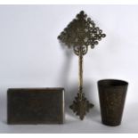 A 19TH CENTURY INDIAN BRONZE BEAKER together with an unusual incised cross & an engraved cigarette