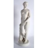 A MINTON PARIANWARE FIGURE OF A STANDING CLASSICAL NUDE FEMALE modelled with her hand resting upon a
