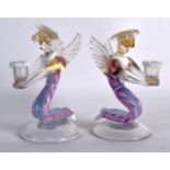 A RARE PAIR OF VENETIAN TWIST GLASS FIGURUAL CANDLESTICKS in the form of seated angels, upon