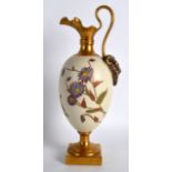 Royal Worcester elegant ewer painted with roses highlighted in gold on an ivory ground date code for