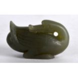 A CHINESE CARVED GREEN JADE FIGURE OF A DUCK modelled with its head looking behind. 2Ins wide.