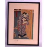 A FRAMED 19TH CENTURY JAPANESE MEIJI PERIOD WOODBLOCK PRINT depicting a samurai holding a scroll.