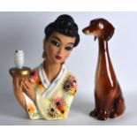 A RETRO PAINTED POTTERY FIGURAL LAMP together with a retro pottery figure of a dog. 1Ft 2ins & 1ft