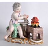 A 19TH CENTURY MEISSEN PORCELAIN FIGURE OF A YOUNG BOY modelled stirring a cup of tea, beside a