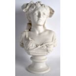 AN ANTIQUE PARIAN BUST OF A CLASSICAL MAIDEN modelled wearing a ribbon within her hair. 1Ft 2.5ins