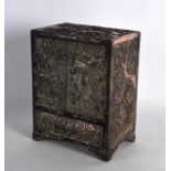 A 19TH CENTURY JAPANESE MEIJI PERIOD SPELTER TABLE CABINET of unusually good quality, depicting