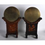 A GOOD PAIR OF 19TH CENTURY CHINESE HARDWOOD AND BOXWOOD MIRRORS ON STANDS decorated with birds