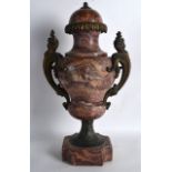 A GOOD 19TH CENTURY FRENCH RED MARBLE URN AND COVER with ormolu mounts, upon a shaped base. 1Ft 6.