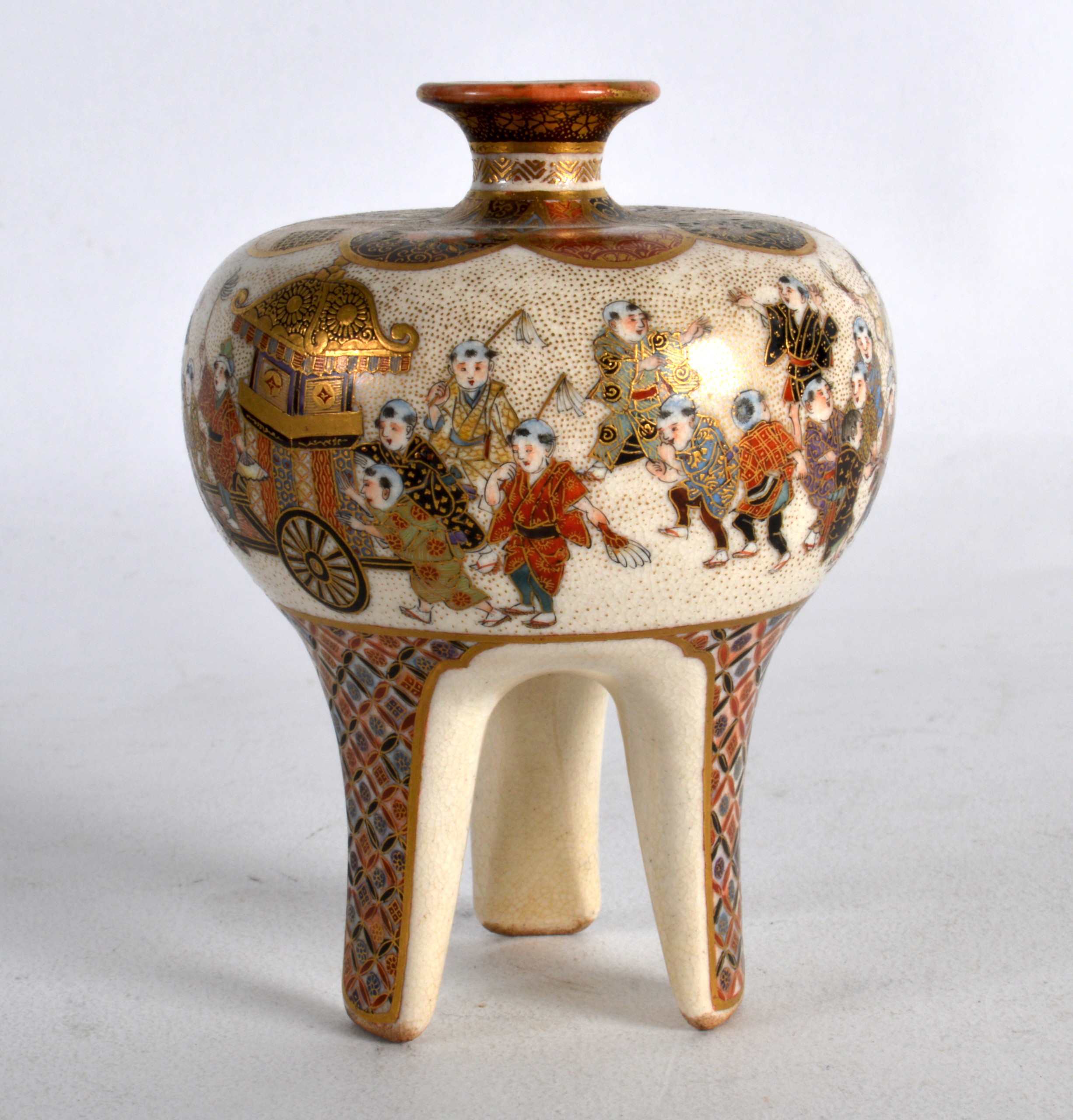 A GOOD SMALL LATE 19TH CENTURY JAPANESE MEIJI PERIOD SATSUMA VASE of bulbous form, upon slender legs - Image 2 of 3