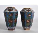 A SMALL PAIR OF EARLY 20TH CENTURY CHINESE CLOISONNE ENAMEL HEXAGONAL VASES painted with flowers.