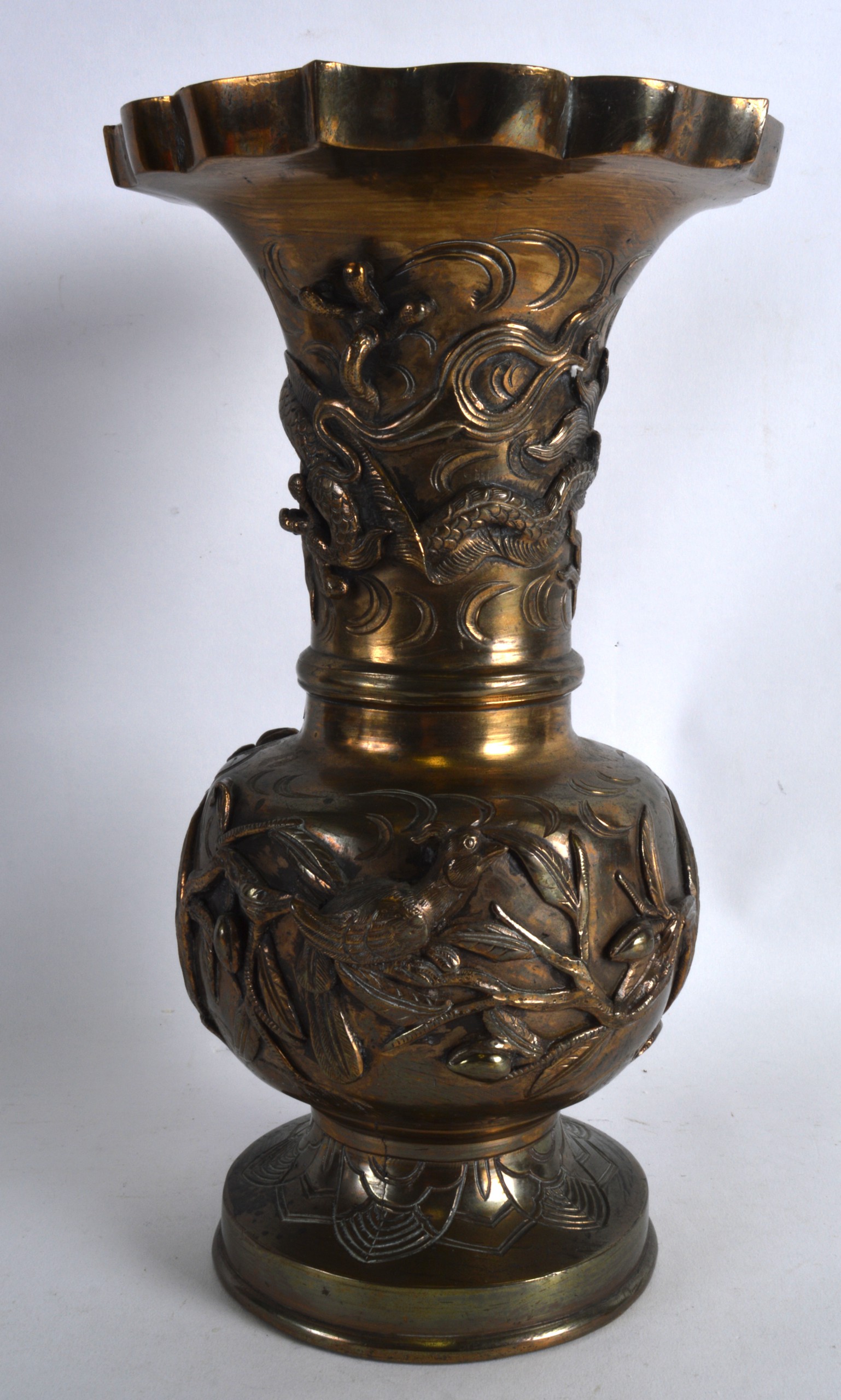 A LATE 19TH CENTURY CHINESE BRONZE VASE bearing Xuande marks to base, decorated with birds and