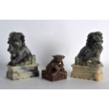 AN EARLY 20TH CENTURY CHINESE CARVED BLOODSTONE SEAL together with a pair of soapstone figures of