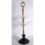 A VICTORIAN TWO TIER PAINTED IRON AND GLASS SWEETMEAT STAND with faceted bowls. 1Ft 6.5ins high.