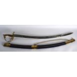 AN INDIAN SWORD with brass mounts and material scabbard. 3Ft 2ins long.