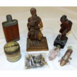 TWO CARVED WOODEN FIGURES, together with hip flask etc. (6)