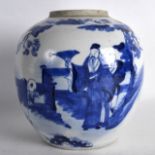 A 19TH CENTURY CHINESE BLUE AND WHITE GINGER JAR bearing Kangxi marks to base, painted with figures.