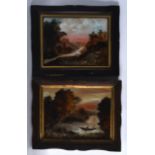 A PAIR OF EARLY 20TH CENTURY REVERSE PAINTED PICTURES depicting landscapes. 8Ins x 6.25ins.