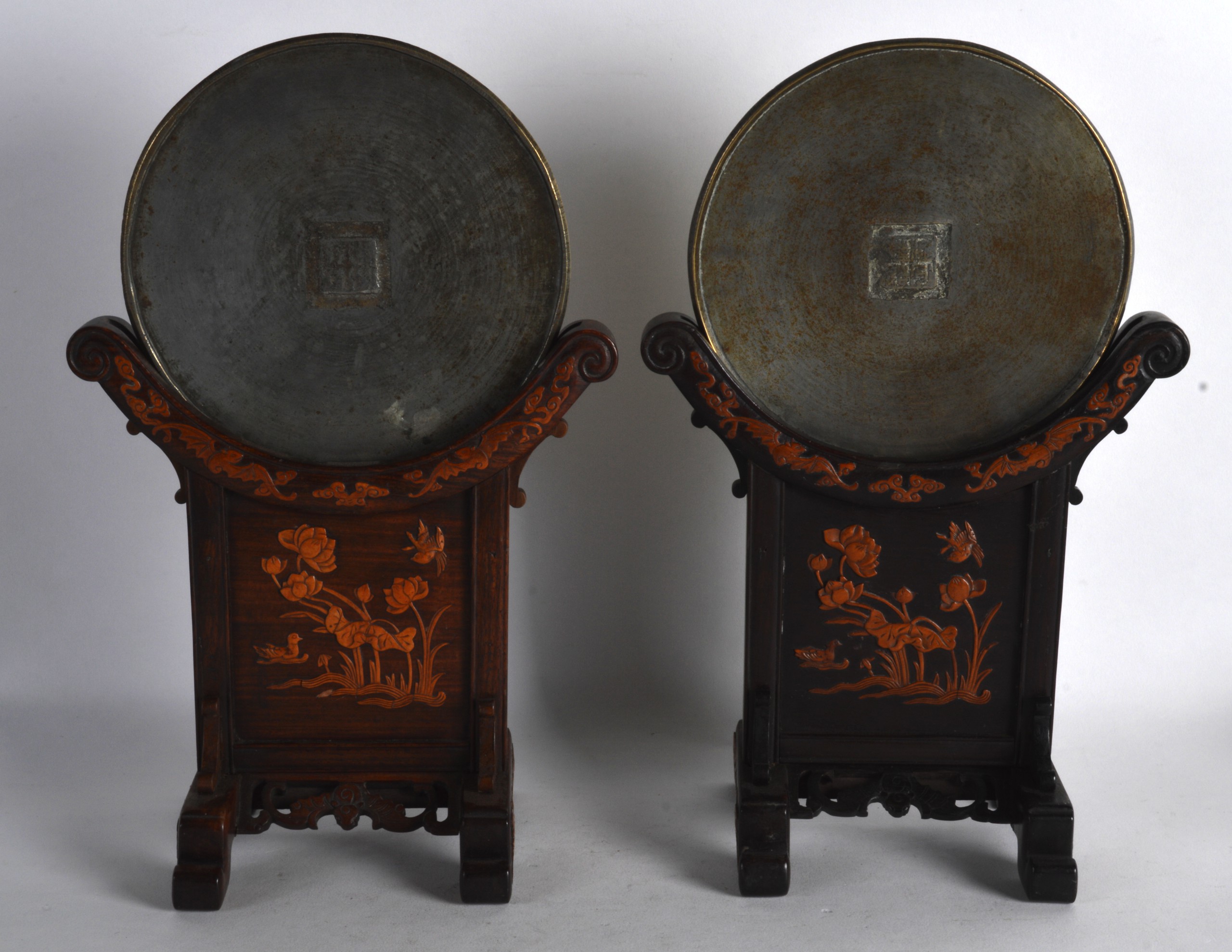 A GOOD PAIR OF 19TH CENTURY CHINESE HARDWOOD AND BOXWOOD MIRRORS ON STANDS decorated with birds - Image 2 of 2