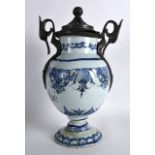 A 17TH/18TH CENTURY EUROPEAN FAIENCE GLAZED DRUG JAR with Continental pewter mounts, entitled '