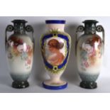 A PAIR OF LATE VICTORIAN TWIN HANDLED PORCELAIN VASES together with a painted opaline type glass