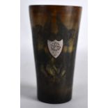 A GOOD 18TH CENTURY SILVER MOUNTED MASONIC HORN BEAKER engraved with figures, a motto and a