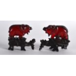 A PAIR OF LATE 19TH CENTURY CHINESE CARVED RED AMBER ELEPHANTS upon fitted naturalistic bases. 2.