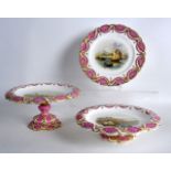 A MID 19TH CENTURY ENGLISH PORCELAIN COMPORT together with a matching dish and plate. 8.75ins