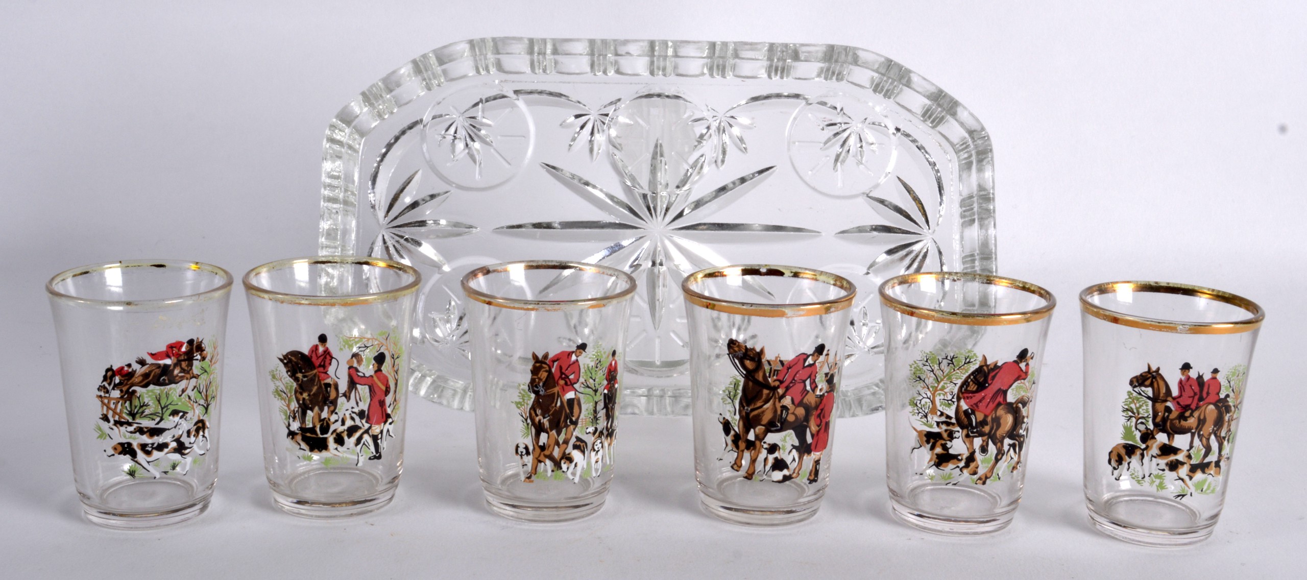 RETRO FRENCH PAINTED FOX HUNTING SHOT GLASSES ON STAND. (7)