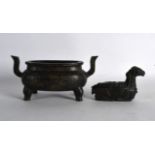 A CHINESE TWIN HANDLED BRONZE CENSER bearing Qianlong marks to base, incised with foliage,