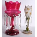 AN EARLY 20TH CENTURY BOHEMIAN FROSTY AND GILT GLASS TABLE LUSTRE together with another ruby glass