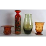 A WEBB ART GLASS VASE together with three others. Largest 11.75ins high. (4)