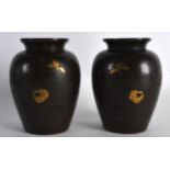 A PAIR OF 19TH CENTURY JAPANESE MEIJI PERIOD BRONZE VASES gold inlaid with floral sprays and