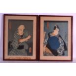 A PAIR OF 19TH CENTURY JAPANESE MEIJI PERIOD FRAMED WOODBLOCK PRINTS depicting two figures in