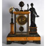 A GOOD 19TH CENTURY FRENCH SIENNA MARBLE AND BRONZE MANTEL CLOCK modelled as a classical female